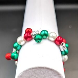 Vintage Christmas Jingle Bell Bracelet Red Green Pearl Beads Festive 6.5in